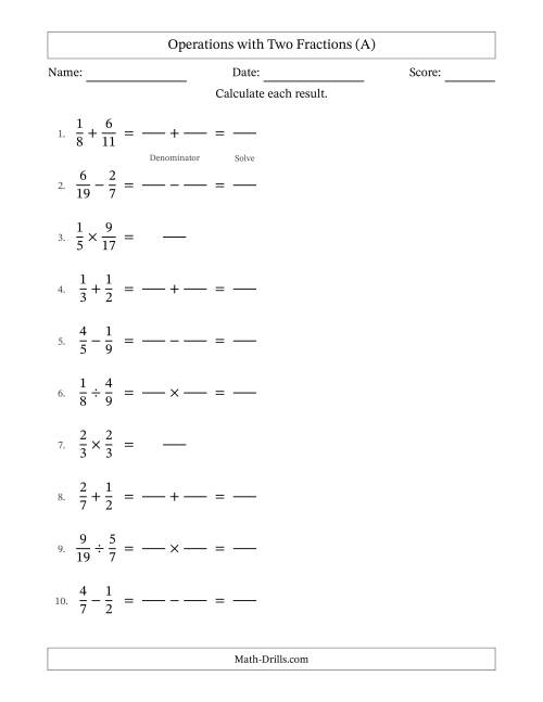 The Operations with Two Proper Fractions with Unlike Denominators, Proper Fractions Results and No Simplifying (Fillable) (A) Math Worksheet