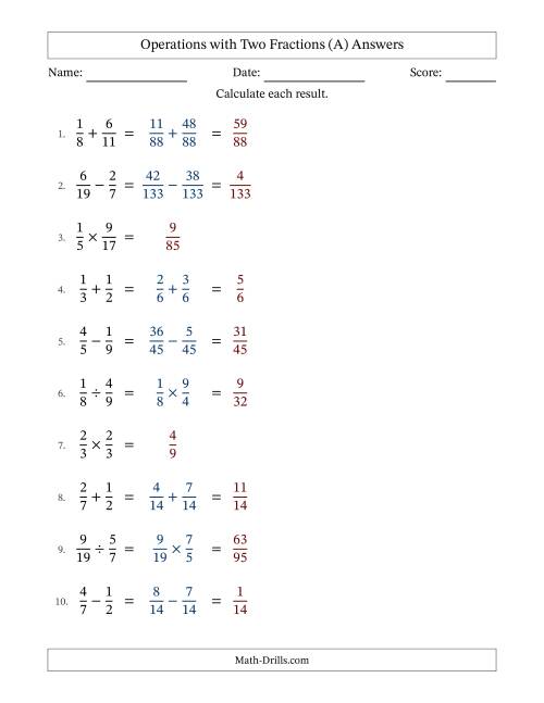 The Operations with Two Proper Fractions with Unlike Denominators, Proper Fractions Results and No Simplifying (Fillable) (A) Math Worksheet Page 2