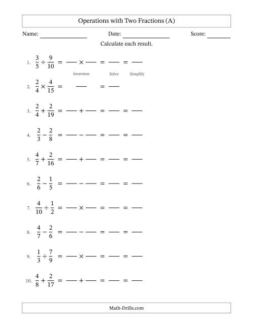 The Operations with Two Proper Fractions with Unlike Denominators, Proper Fractions Results and All Simplifying (Fillable) (A) Math Worksheet