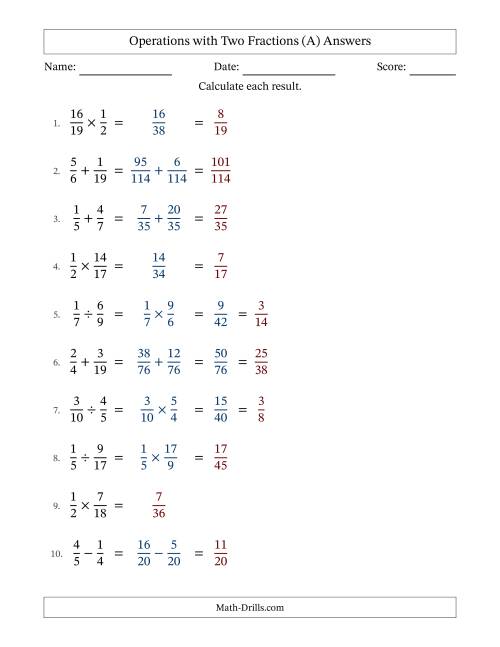 The Operations with Two Proper Fractions with Unlike Denominators, Proper Fractions Results and Some Simplifying (Fillable) (A) Math Worksheet Page 2