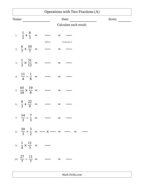 The Operations with Proper and Improper Fractions with Equal Denominators, Mixed Fractions Results and No Simplifying (Fillable) (A) Math Worksheet