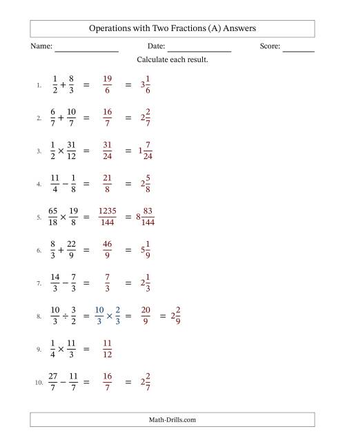 The Operations with Proper and Improper Fractions with Equal Denominators, Mixed Fractions Results and No Simplifying (Fillable) (A) Math Worksheet Page 2