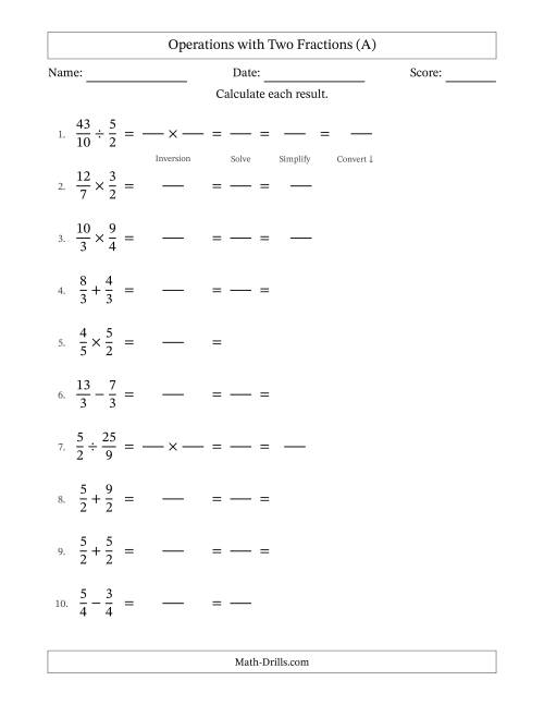 The Operations with Proper and Improper Fractions with Equal Denominators, Mixed Fractions Results and All Simplifying (Fillable) (A) Math Worksheet