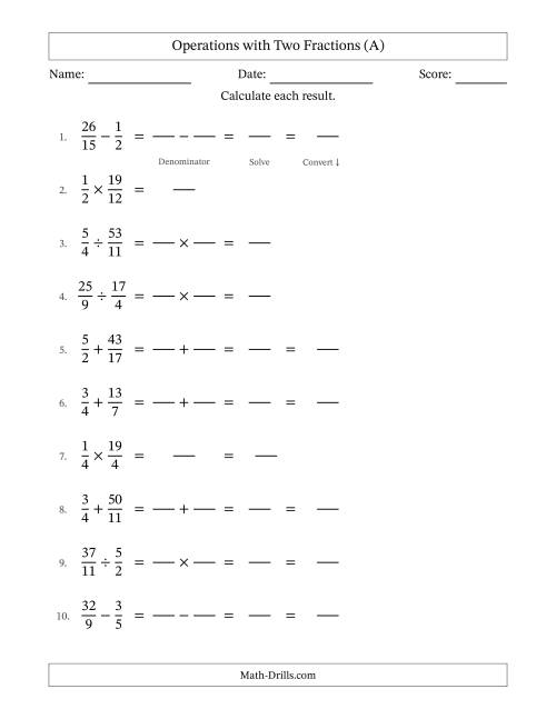 The Operations with Proper and Improper Fractions with Unlike Denominators, Mixed Fractions Results and No Simplifying (Fillable) (A) Math Worksheet
