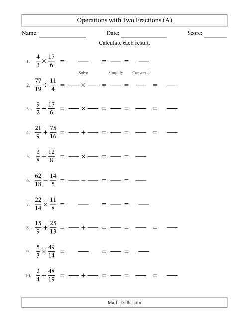 The Operations with Proper and Improper Fractions with Unlike Denominators, Mixed Fractions Results and All Simplifying (Fillable) (A) Math Worksheet