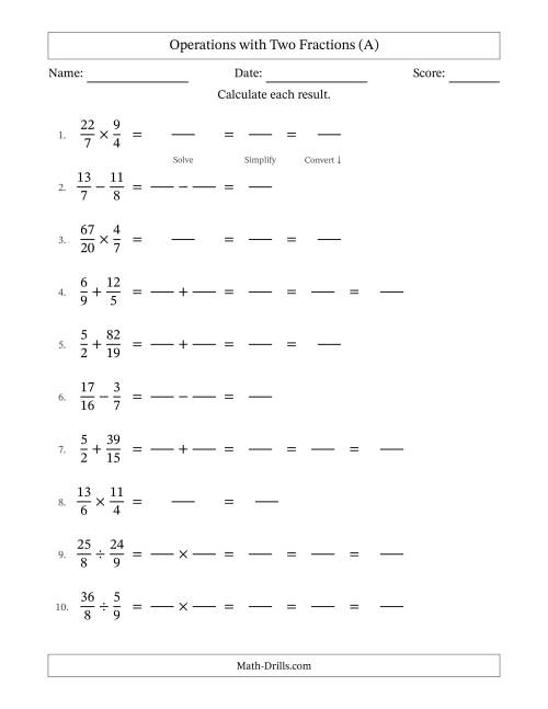 The Operations with Proper and Improper Fractions with Unlike Denominators, Mixed Fractions Results and Some Simplifying (Fillable) (A) Math Worksheet