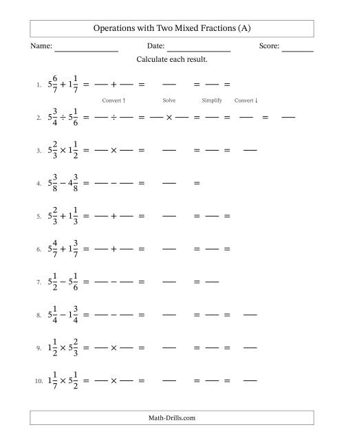 The Operations with Two Mixed Fractions with Equal Denominators, Mixed Fractions Results and All Simplifying (Fillable) (A) Math Worksheet