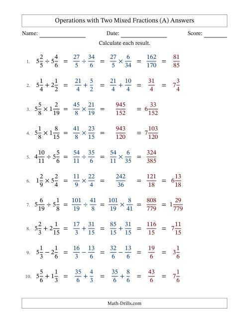 The Operations with Two Mixed Fractions with Similar Denominators, Mixed Fractions Results and No Simplifying (Fillable) (A) Math Worksheet Page 2