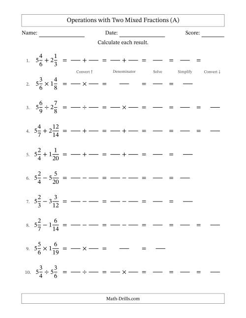 The Operations with Two Mixed Fractions with Similar Denominators, Mixed Fractions Results and Some Simplifying (Fillable) (A) Math Worksheet