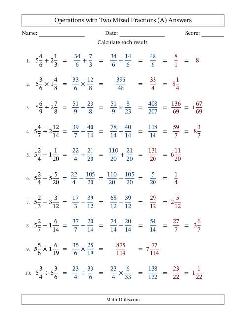 The Operations with Two Mixed Fractions with Similar Denominators, Mixed Fractions Results and Some Simplifying (Fillable) (A) Math Worksheet Page 2