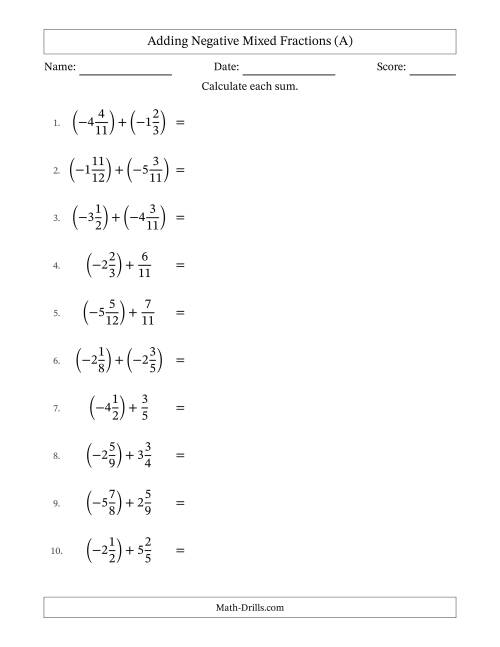 The Adding Negative Mixed Fractions with Unlike Denominators Up to Twelfths, Mixed Fraction Results and No Simplifying (A) Math Worksheet