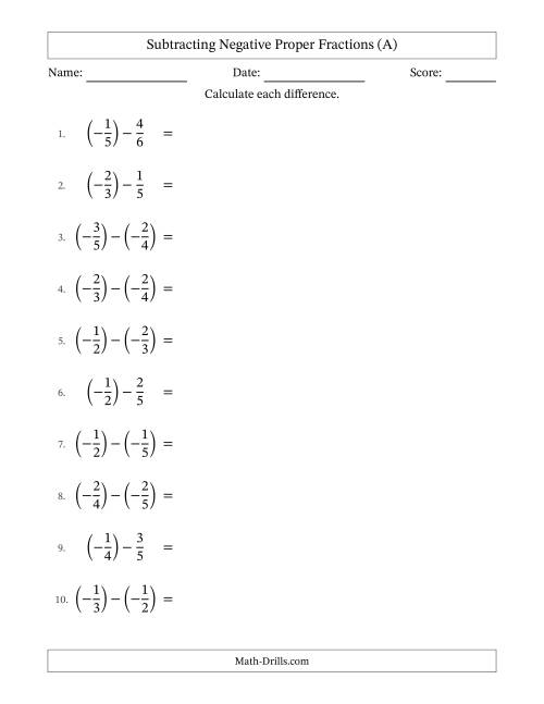 The Subtracting Negative Proper Fractions with Unlike Denominators Up to Sixths, Proper Fraction Results and Some Simplifying (A) Math Worksheet