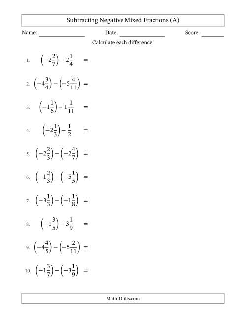 The Subtracting Negative Mixed Fractions with Unlike Denominators Up to Twelfths, Mixed Fraction Results and No Simplifying (A) Math Worksheet