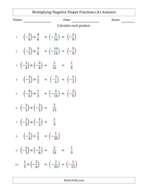 The Multiplying Negative Proper Fractions with Unlike Denominators Up to Sixths, Proper Fraction Results and Some Simplifying (A) Math Worksheet Page 2