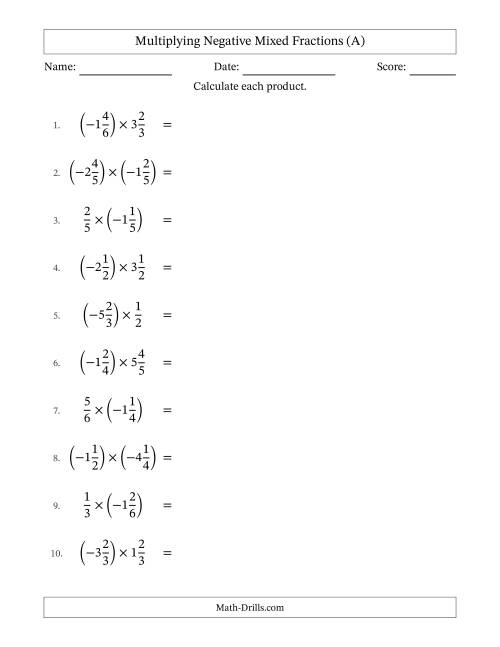 The Multiplying Negative Mixed Fractions with Unlike Denominators Up to Sixths, Mixed Fraction Results and No Simplifying (A) Math Worksheet