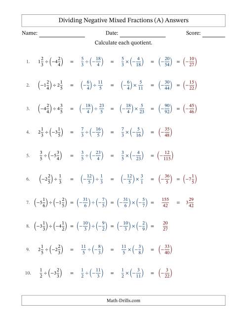The Dividing Negative Mixed Fractions with Unlike Denominators Up to Sixths, Mixed Fraction Results and No Simplifying (A) Math Worksheet Page 2