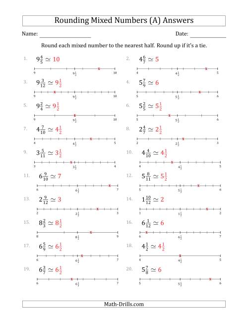 The Rounding Mixed Numbers to the Nearest Half with Helper Lines (A) Math Worksheet Page 2