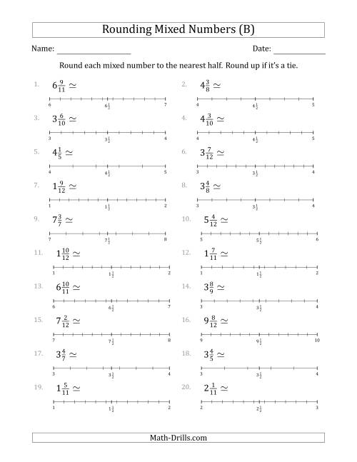 The Rounding Mixed Numbers to the Nearest Half with Helper Lines (B) Math Worksheet