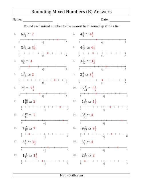 The Rounding Mixed Numbers to the Nearest Half with Helper Lines (B) Math Worksheet Page 2