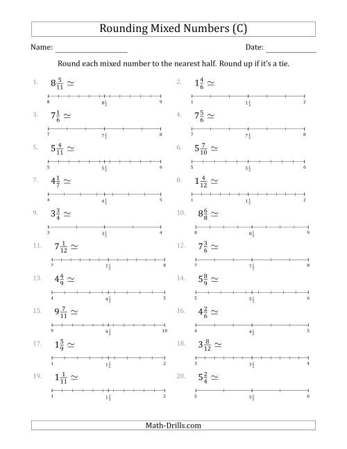 The Rounding Mixed Numbers to the Nearest Half with Helper Lines (C) Math Worksheet