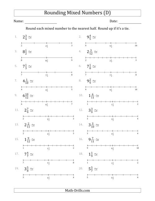 The Rounding Mixed Numbers to the Nearest Half with Helper Lines (D) Math Worksheet