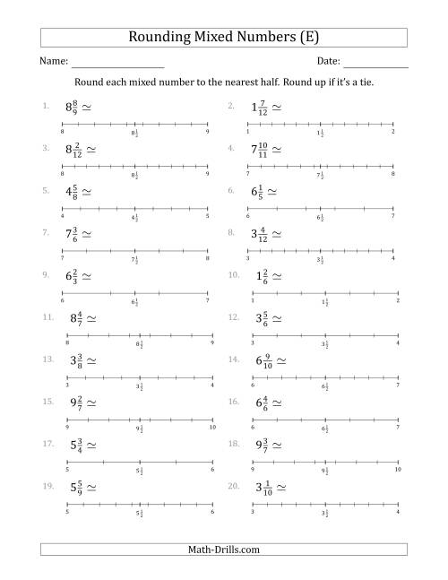 The Rounding Mixed Numbers to the Nearest Half with Helper Lines (E) Math Worksheet