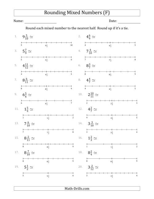 The Rounding Mixed Numbers to the Nearest Half with Helper Lines (F) Math Worksheet