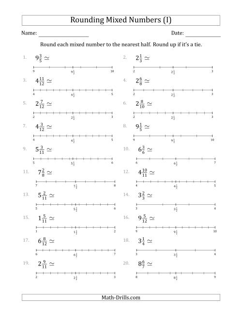 The Rounding Mixed Numbers to the Nearest Half with Helper Lines (I) Math Worksheet