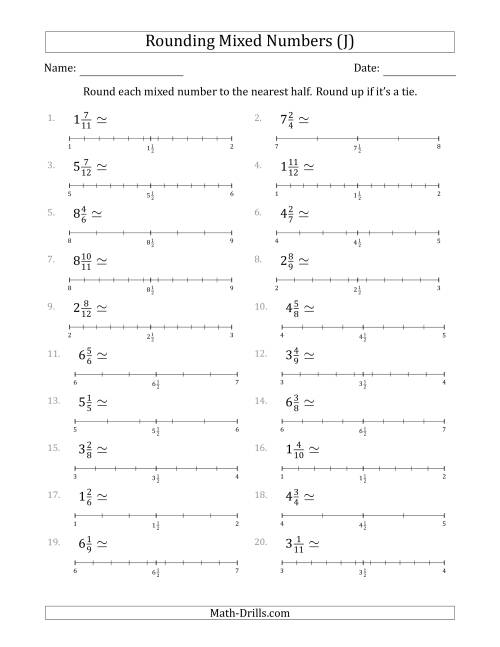 The Rounding Mixed Numbers to the Nearest Half with Helper Lines (J) Math Worksheet
