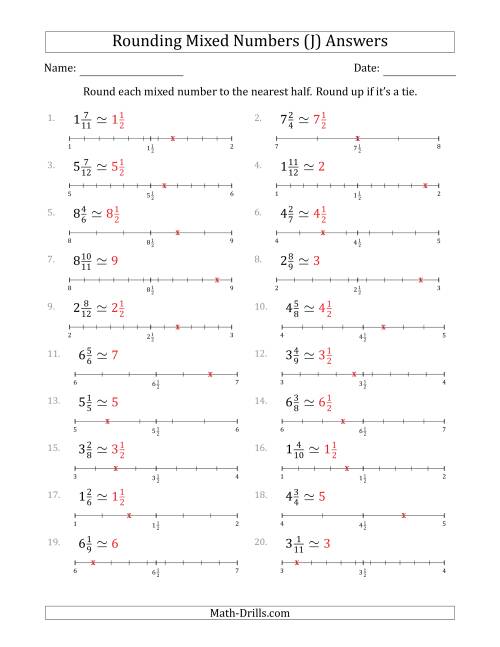 The Rounding Mixed Numbers to the Nearest Half with Helper Lines (J) Math Worksheet Page 2