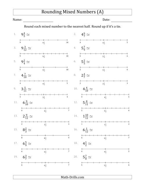 The Rounding Mixed Numbers to the Nearest Half with Helper Lines (All) Math Worksheet