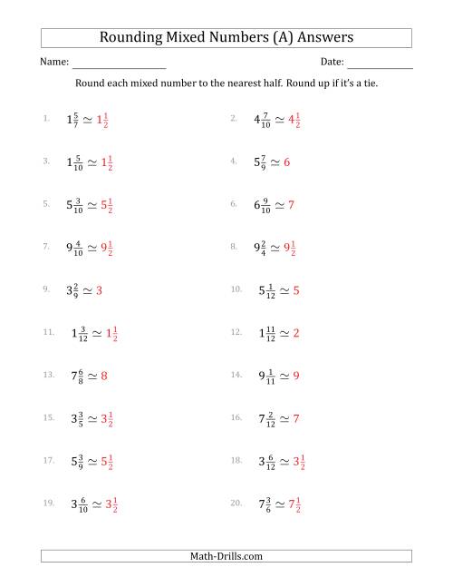 The Rounding Mixed Numbers to the Nearest Half (A) Math Worksheet Page 2