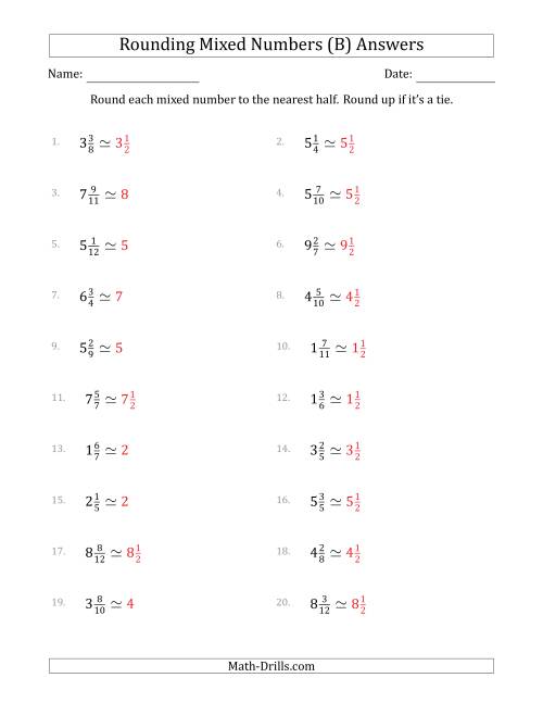The Rounding Mixed Numbers to the Nearest Half (B) Math Worksheet Page 2