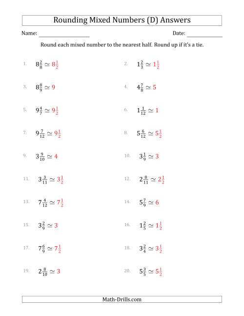 The Rounding Mixed Numbers to the Nearest Half (D) Math Worksheet Page 2