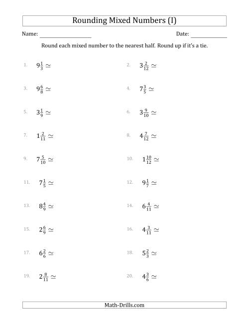 The Rounding Mixed Numbers to the Nearest Half (I) Math Worksheet