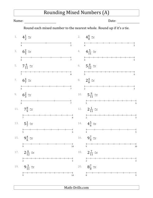 The Rounding Mixed Numbers to the Nearest Whole with Helper Lines (A) Math Worksheet