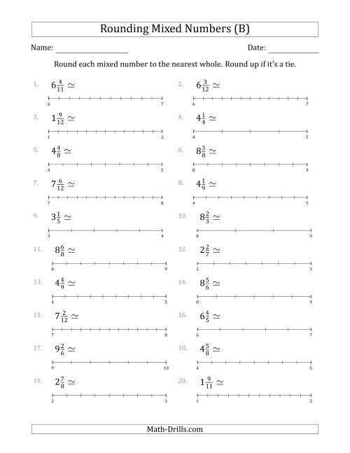 The Rounding Mixed Numbers to the Nearest Whole with Helper Lines (B) Math Worksheet