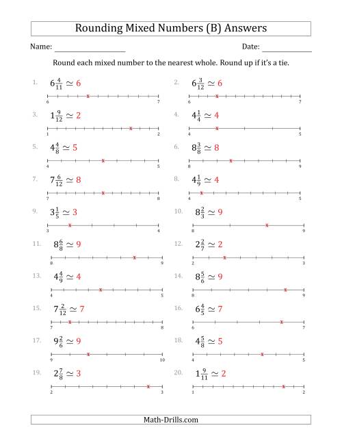 The Rounding Mixed Numbers to the Nearest Whole with Helper Lines (B) Math Worksheet Page 2