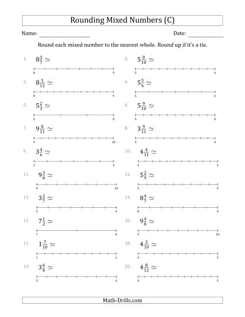 The Rounding Mixed Numbers to the Nearest Whole with Helper Lines (C) Math Worksheet