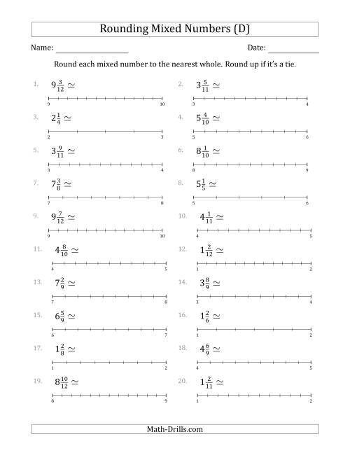 The Rounding Mixed Numbers to the Nearest Whole with Helper Lines (D) Math Worksheet