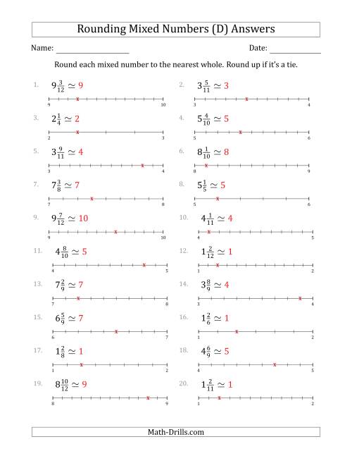 The Rounding Mixed Numbers to the Nearest Whole with Helper Lines (D) Math Worksheet Page 2