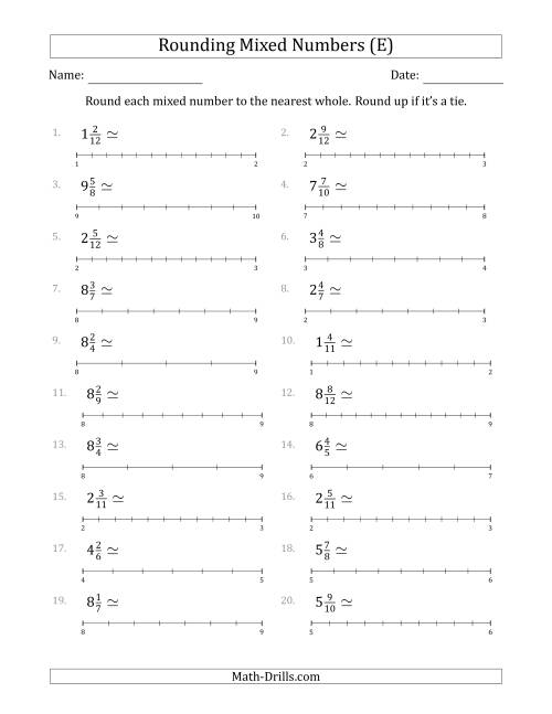 The Rounding Mixed Numbers to the Nearest Whole with Helper Lines (E) Math Worksheet