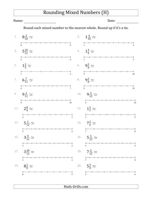 The Rounding Mixed Numbers to the Nearest Whole with Helper Lines (H) Math Worksheet