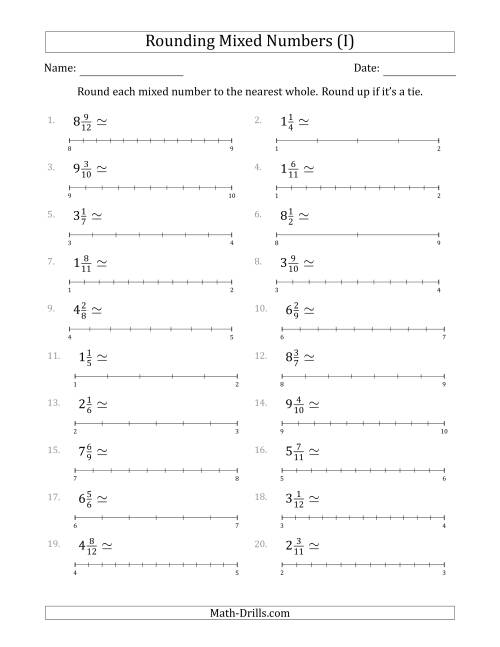 The Rounding Mixed Numbers to the Nearest Whole with Helper Lines (I) Math Worksheet