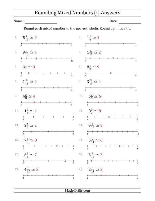 The Rounding Mixed Numbers to the Nearest Whole with Helper Lines (I) Math Worksheet Page 2