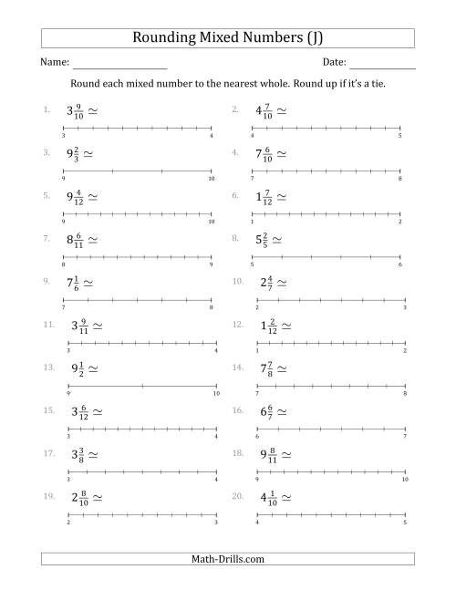 The Rounding Mixed Numbers to the Nearest Whole with Helper Lines (J) Math Worksheet