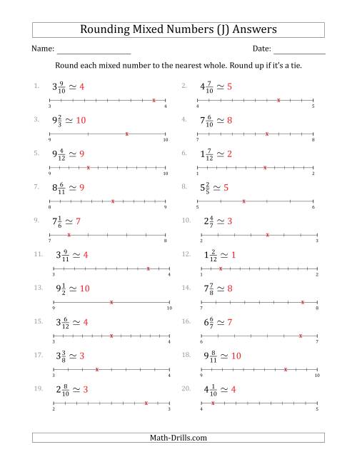 The Rounding Mixed Numbers to the Nearest Whole with Helper Lines (J) Math Worksheet Page 2