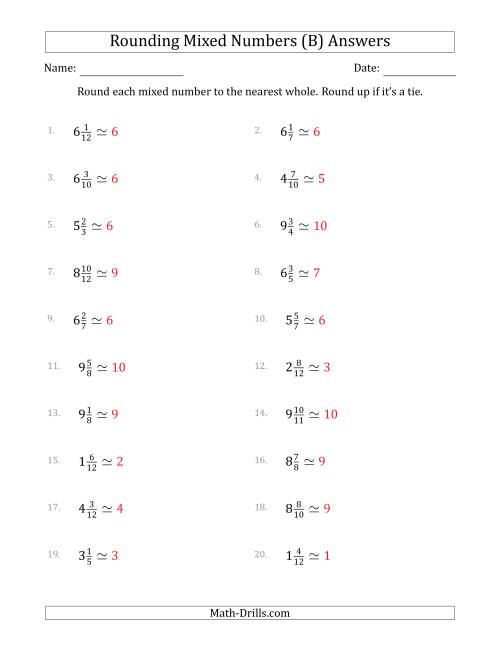 The Rounding Mixed Numbers to the Nearest Whole (B) Math Worksheet Page 2