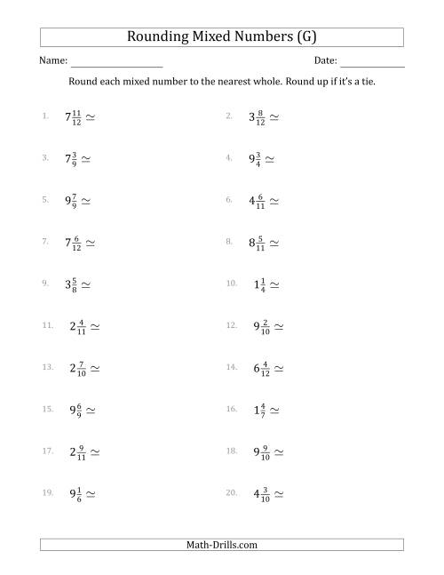 The Rounding Mixed Numbers to the Nearest Whole (G) Math Worksheet