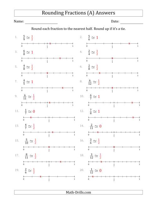 The Rounding Fractions to the Nearest Half with Helper Lines (A) Math Worksheet Page 2